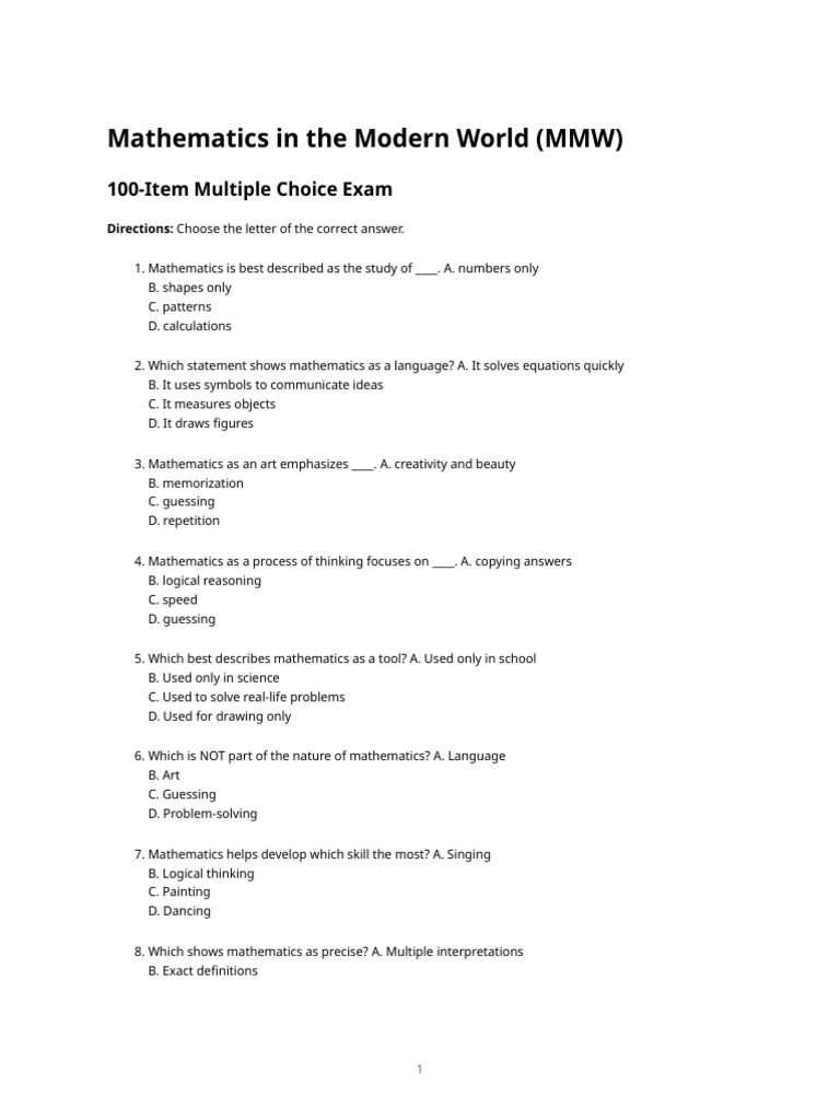 Mmw Midterm 100 Item Multiple Choice Exam 2 | PDF | Set (Mathematics ...