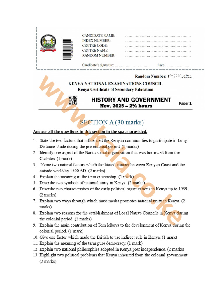 Kcse 2025 History and Government Paper 1 Question Paper | PDF | Kenya