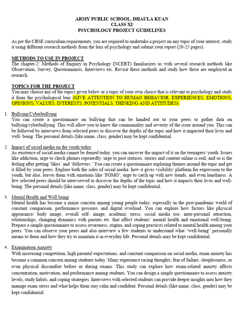 Psychology Project Guidelines for Class XI | PDF | Sleep | Well Being