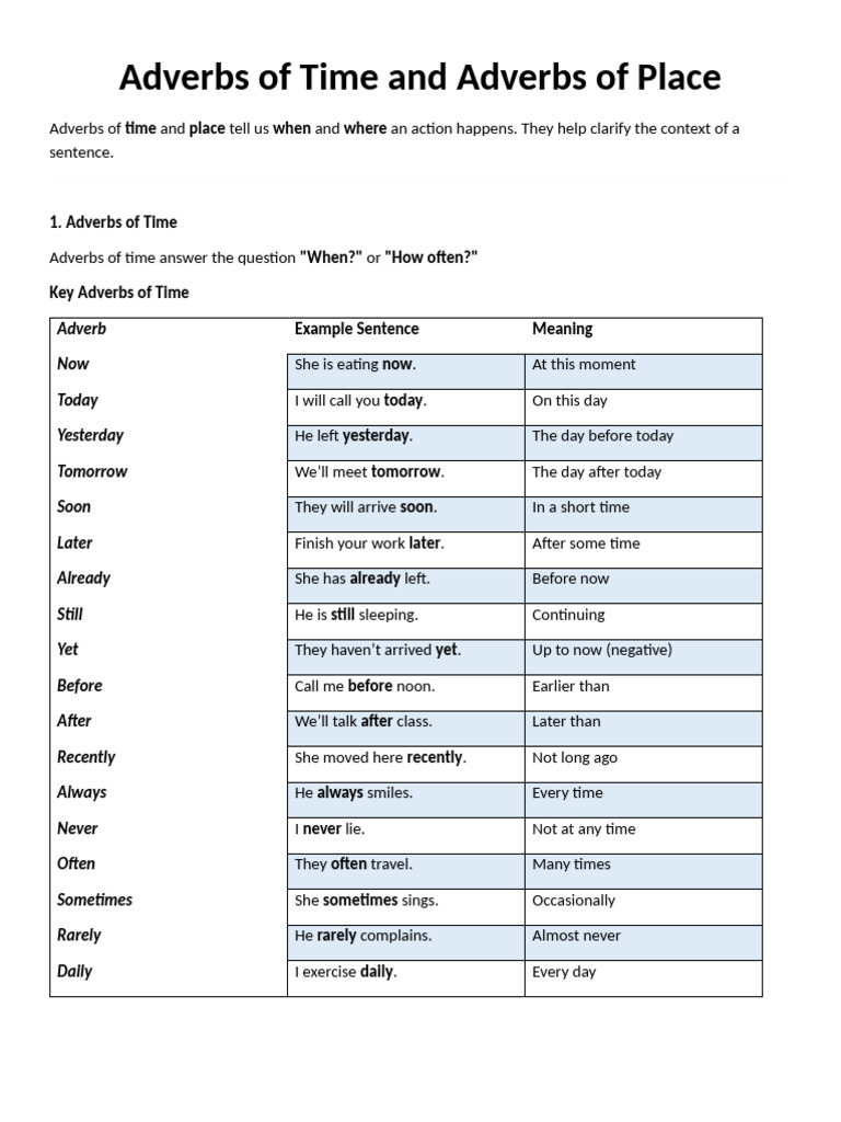 Understanding Time and Place Adverbs | PDF | Adverb | Semantic Units