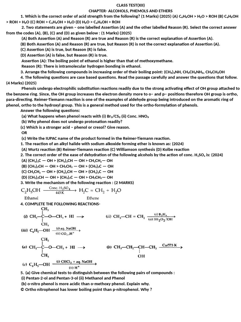 Class Test Xii Chemistry | PDF | Ether | Phenols