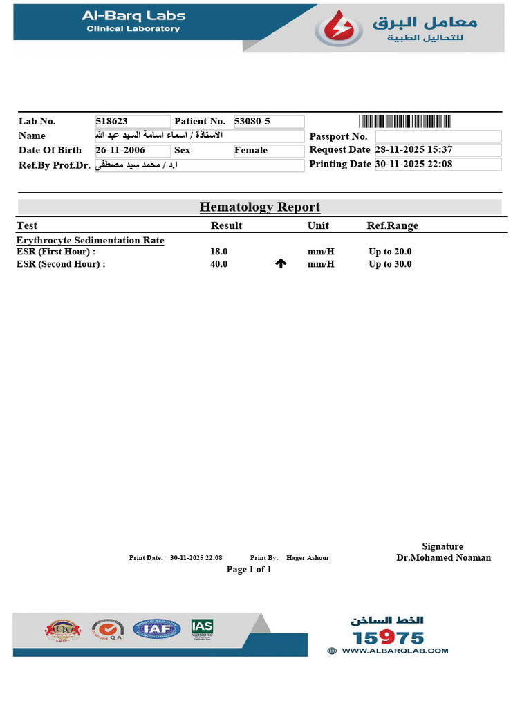 Hematology Report: ESR Results | PDF
