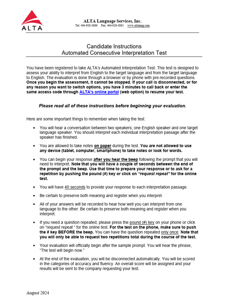 ALTA Automated Interpretation Test Guide | PDF | Vocabulary | Fluency