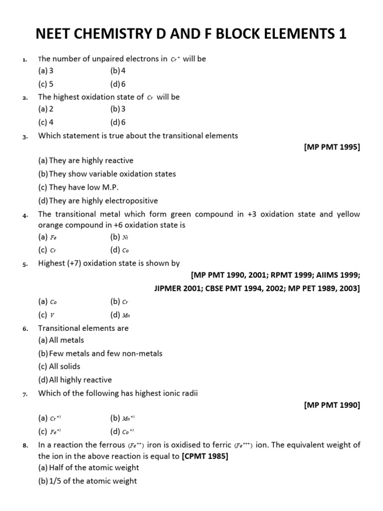 Neet Chemistry d and f Block Elements 1 q | PDF | Transition Metals ...