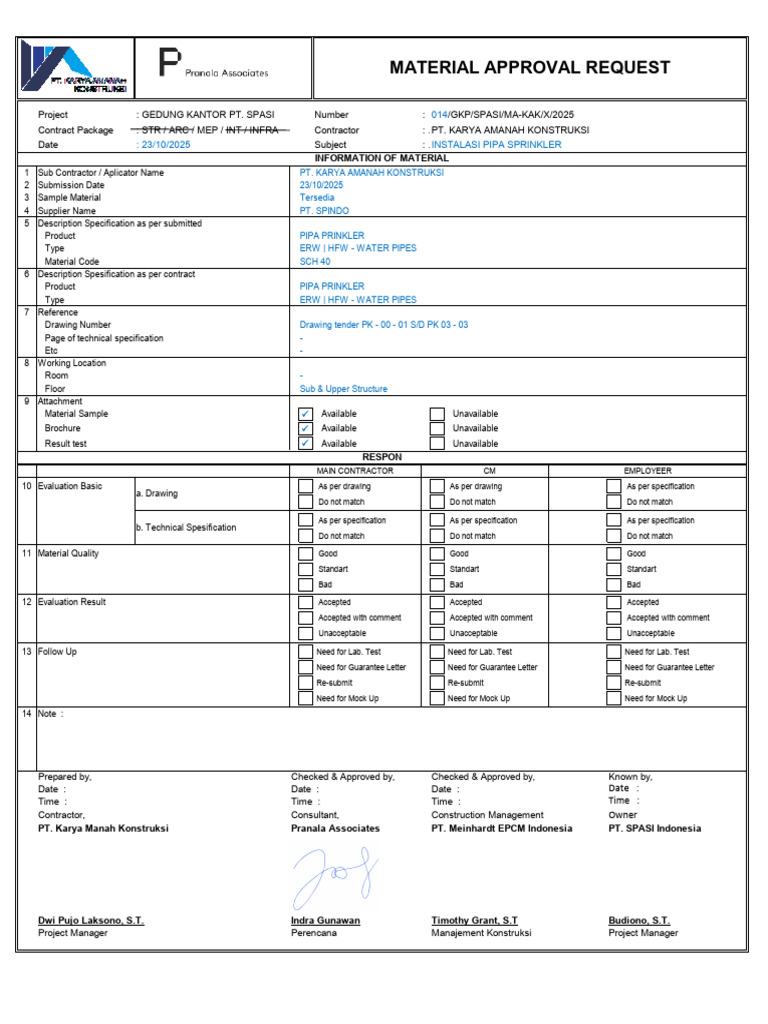 Material Approval Request: Sprinkler Pipes | PDF | Evaluation | Written ...