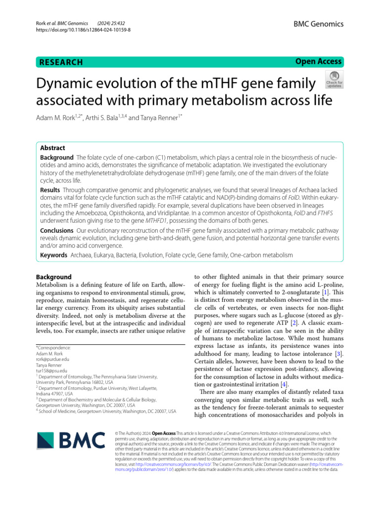 Dynamic Evolution of The MTHF Gene Family Associated With Primary ...