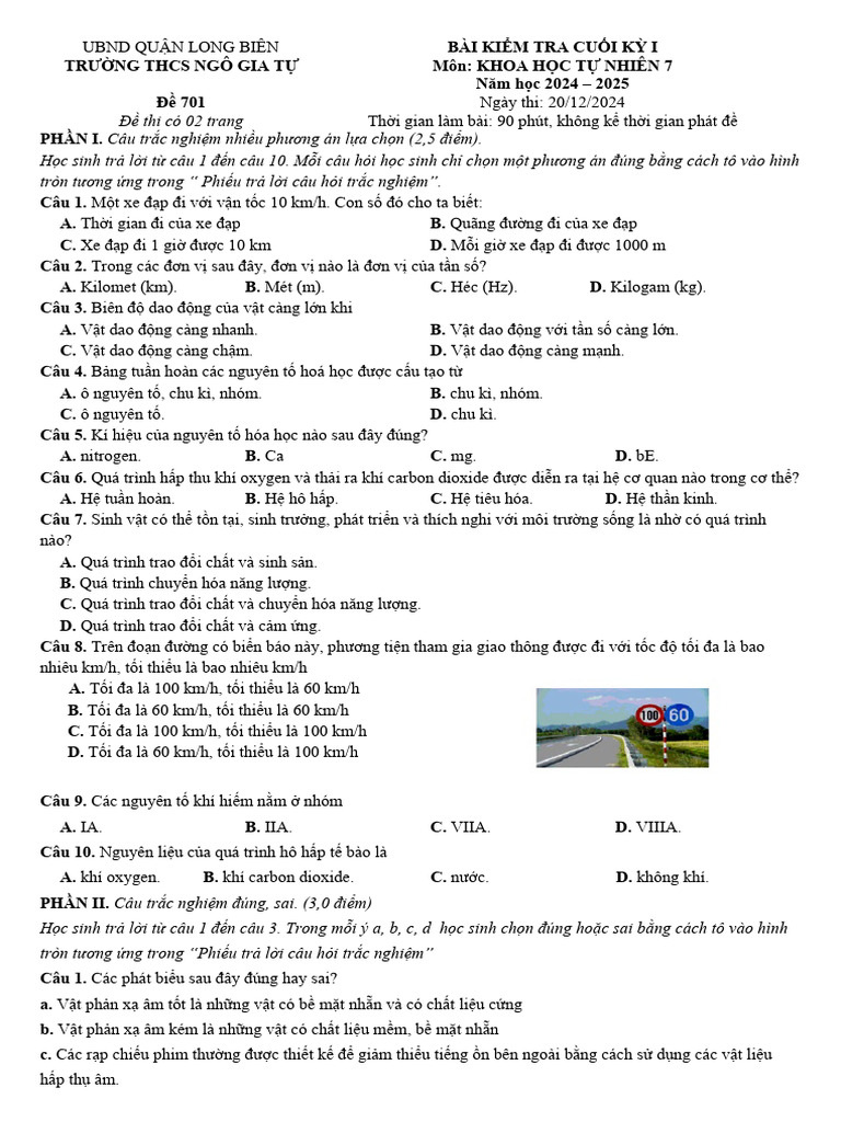 De Cuoi Hoc Ky 1 KHTN 7pdf | PDF