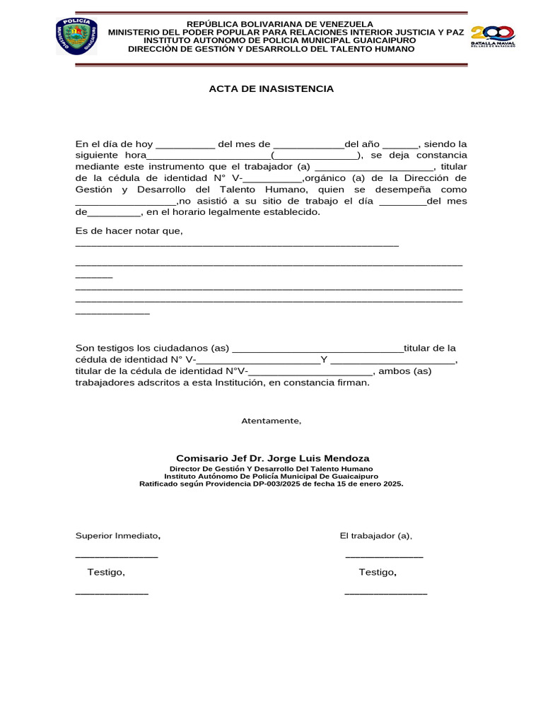 Acta de Inasistencia Laboral Venezuela | PDF