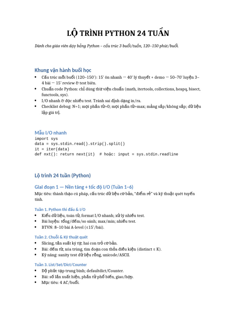 Lo Trinh Python 24 Tuan HKICO Style | PDF
