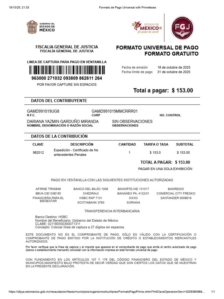 Formato de Pago Universal Fiscalía 2025 | PDF | Finanzas personales ...