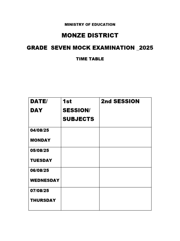 Grade 7 Mock Time Table 2025 | PDF