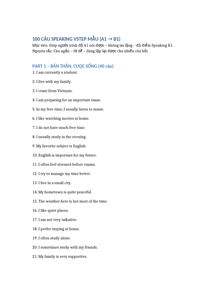 100 VSTEP Speaking Sample Sentences | PDF