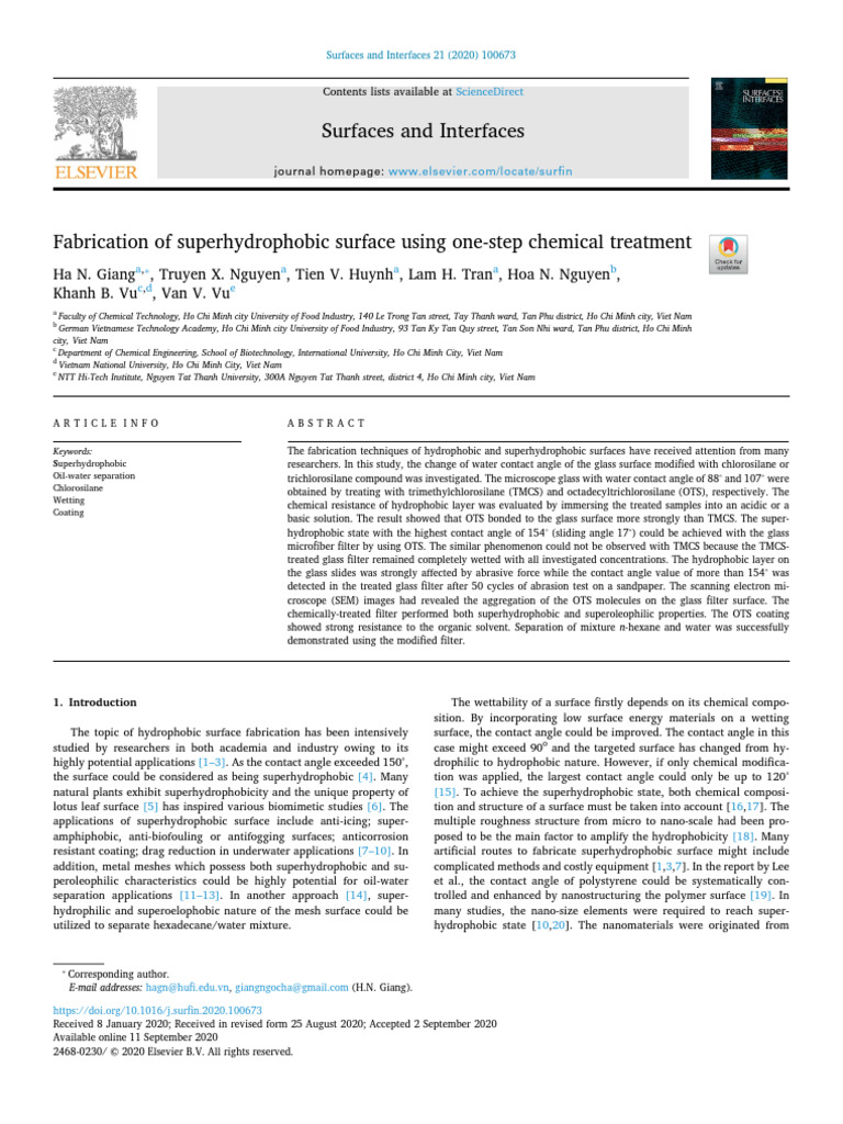 Fabrication of Superhydrophobic Surface Using One-step Chemical ...