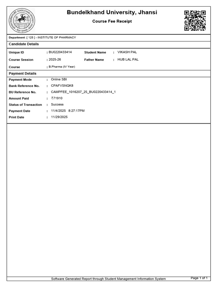 Bundelkhand University Course Fee Receipt | PDF