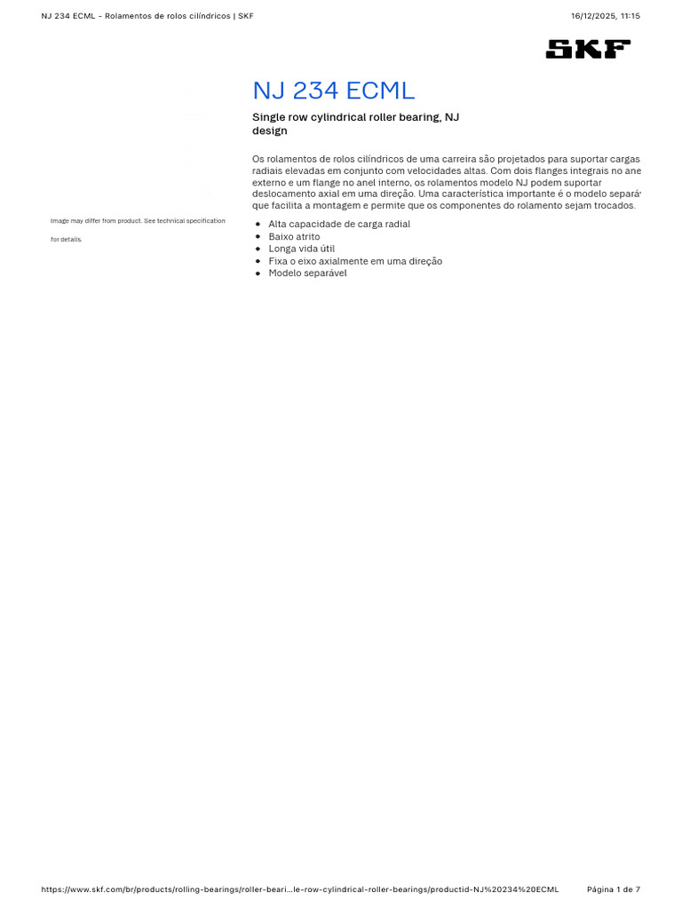 Rolamento Cilíndrico NJ 234 ECML SKF | PDF | Engenharia Mecânica