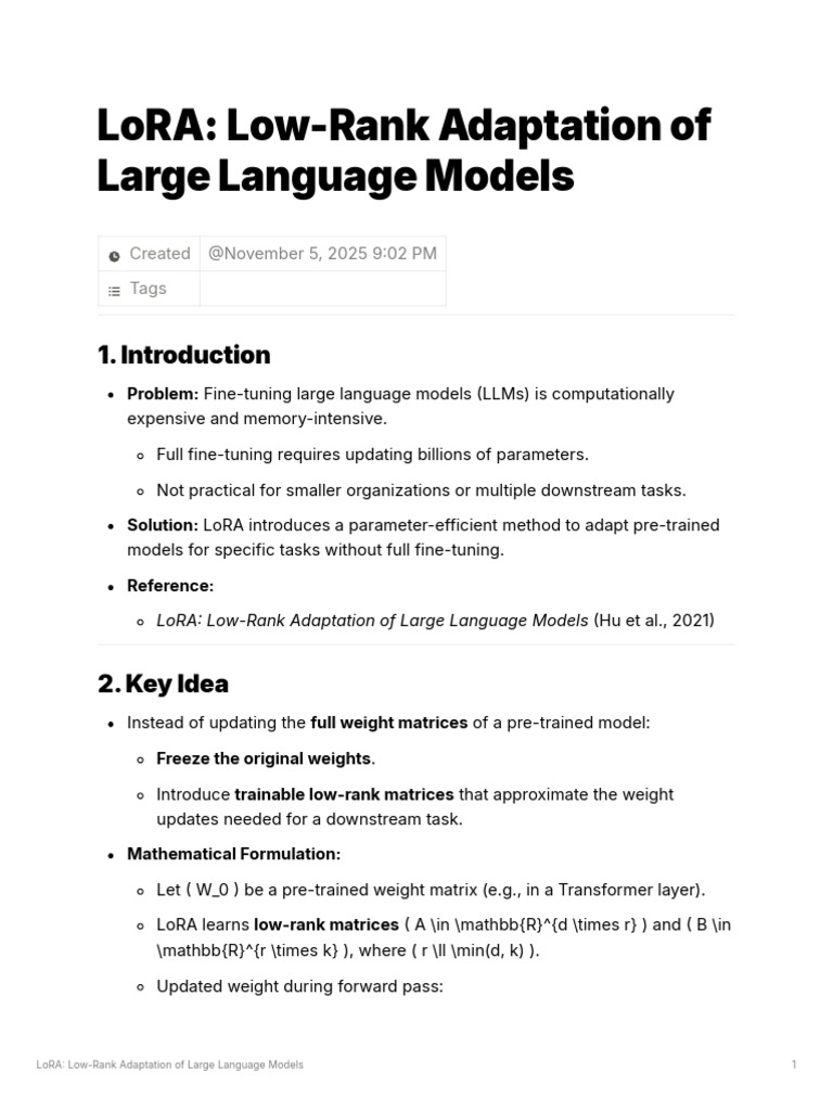 LoRA: Efficient Adaptation for LLMs | PDF | Matrix (Mathematics ...
