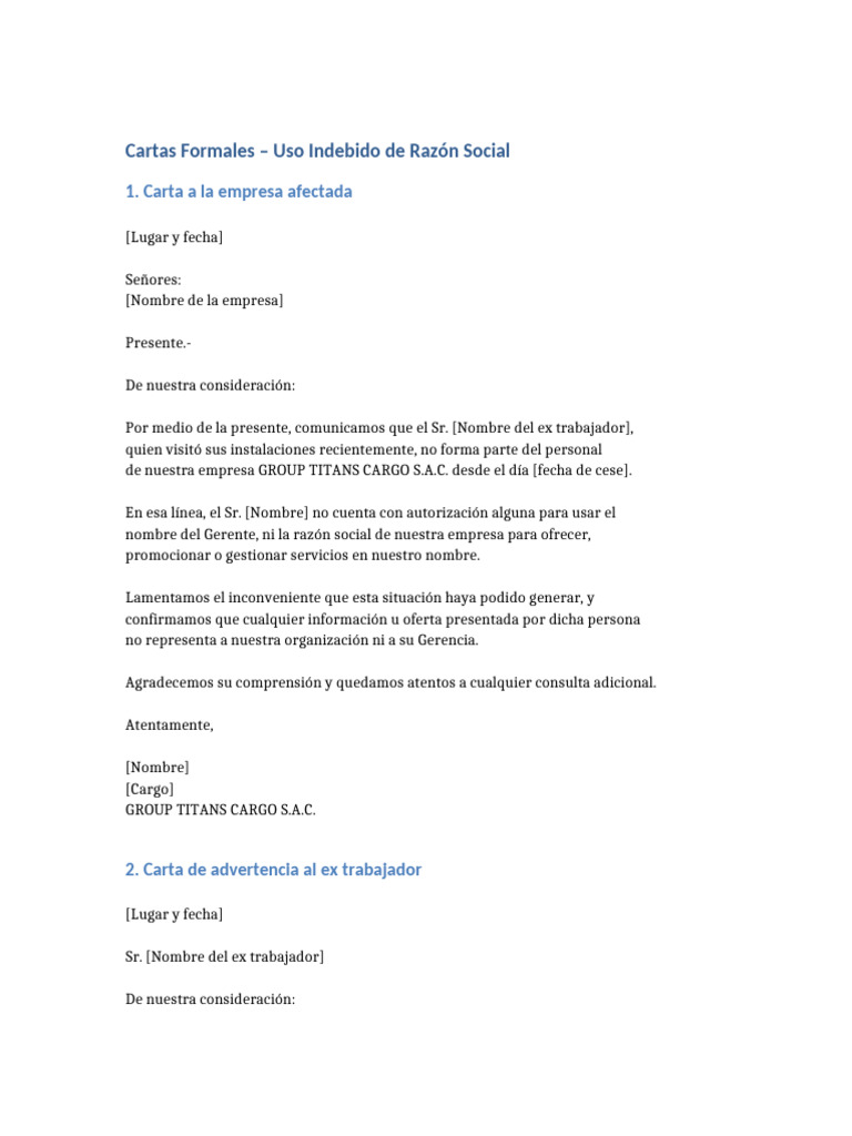 Cartas Uso Indebido Nombre Razon Social Reforzada | PDF