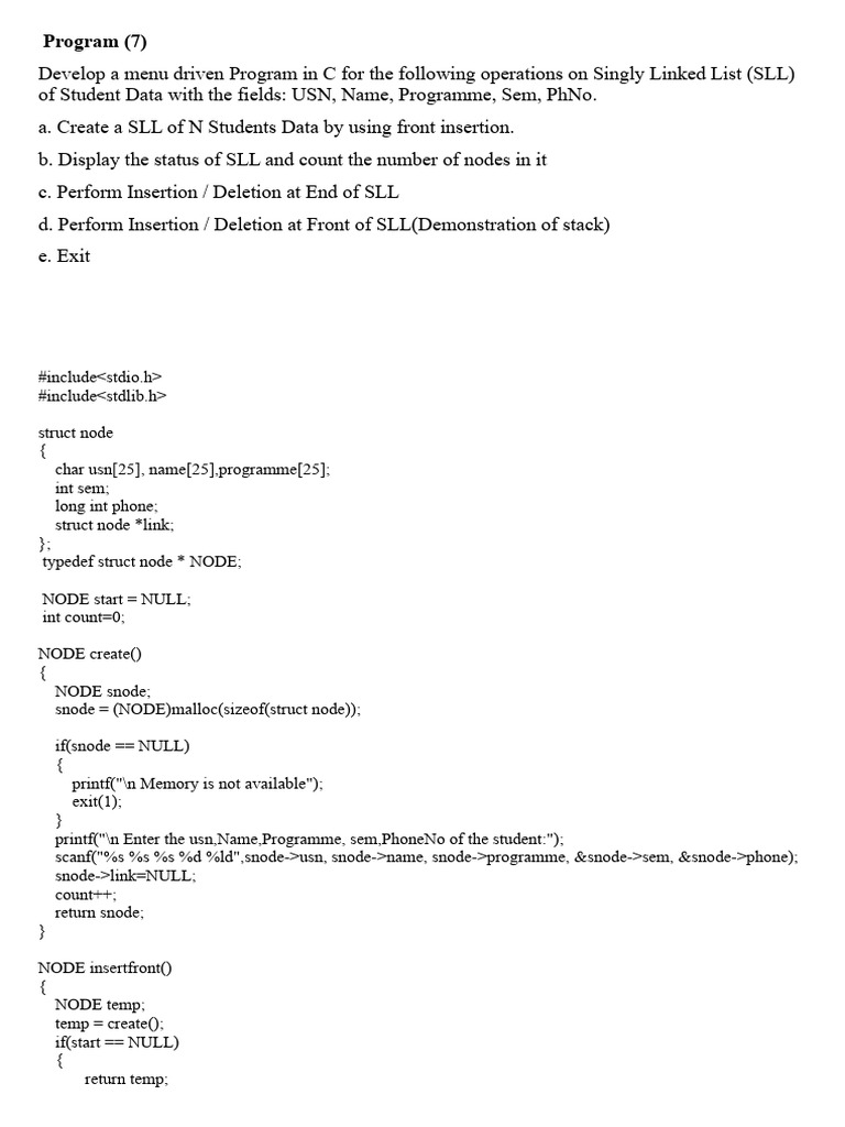 C Program for Student SLL Operations | PDF | Computer Science ...