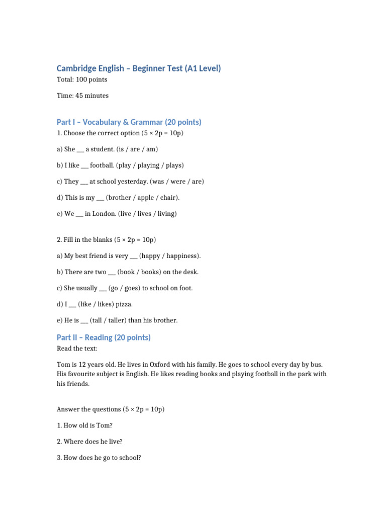 Cambridge English A1 Beginner Test Guide | PDF