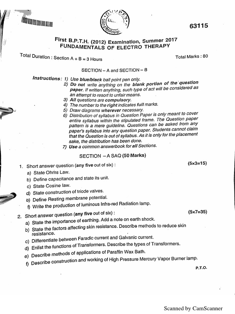 BPT 1 Year Fundamentals of Electro Therapy 63115 Summer 2017 | PDF