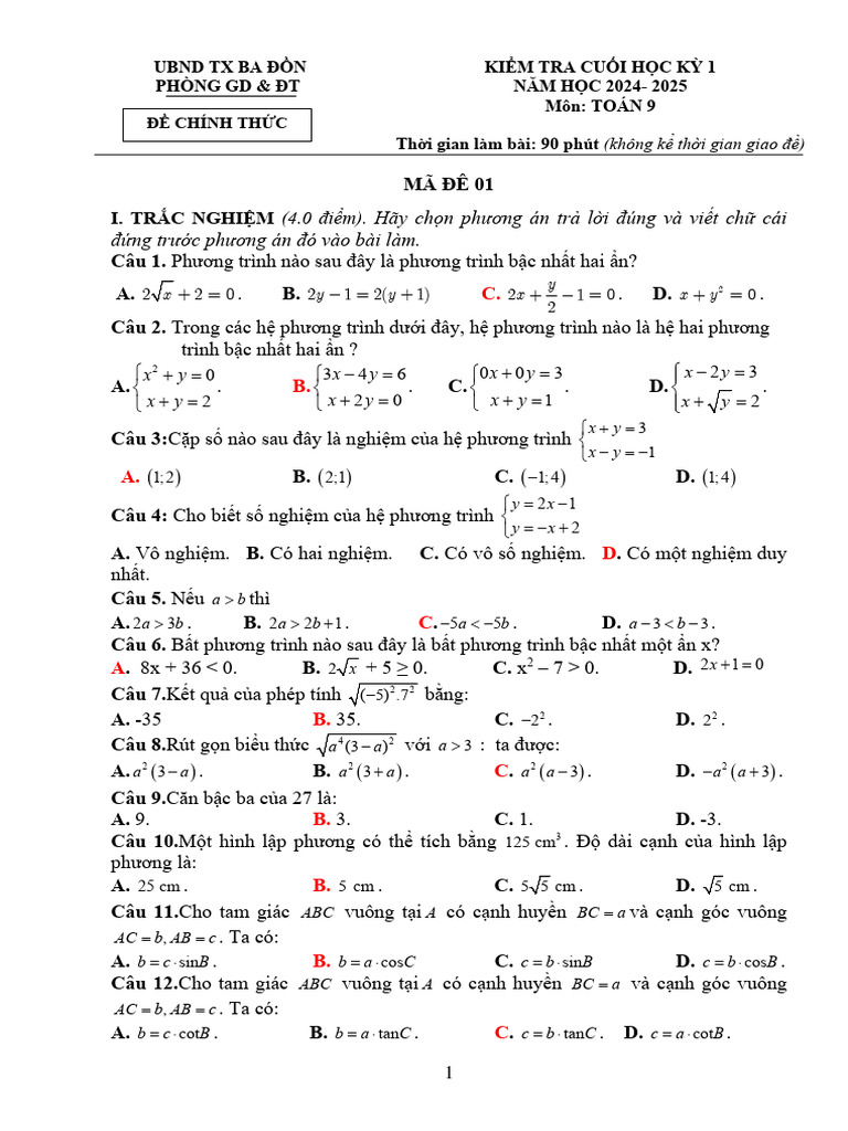 De Cuoi Hoc Ky 1 Toan 9 Nam 2024 2025 Phong Gddt Ba Don Quang Binh | PDF
