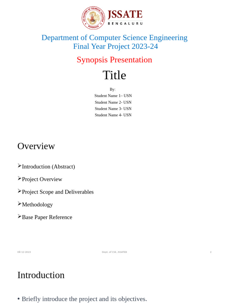 Final Year CSE Project Synopsis 2023-24 | PDF