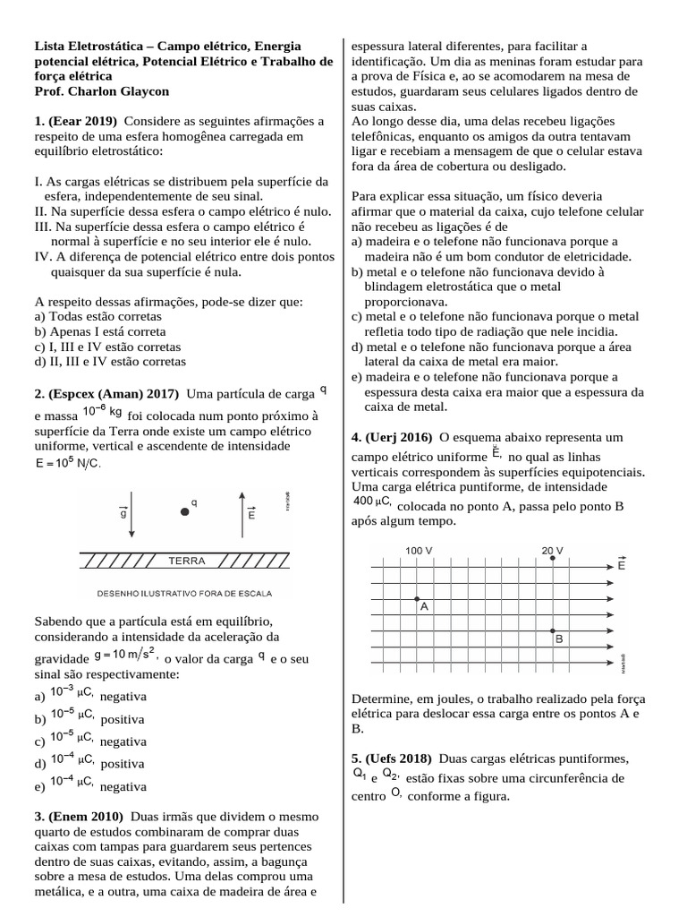 Lista de Questões sobre Campo Elétrico e Potencial | PDF | Eletricidade ...
