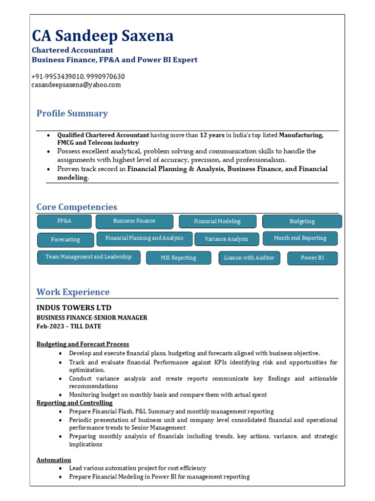 Resume Sandeep Saxena | PDF | Income Statement | Budget