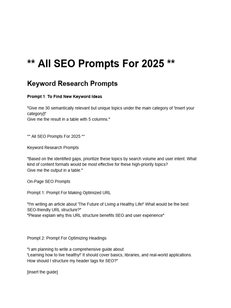 All SEO Prompts for 20253 | PDF | Search Engine Optimization | Tag ...