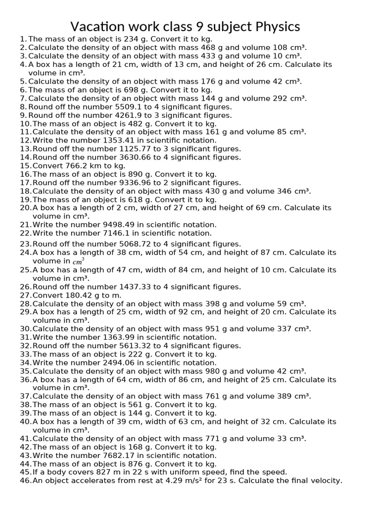 Vacation Work Class 9 Subject Physics. | PDF | Acceleration | Speed