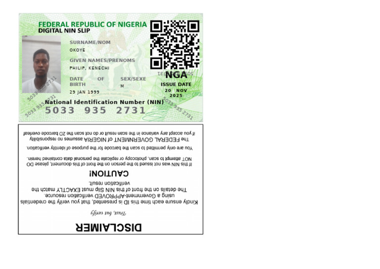 Nin Card Okoye Philip 1763637974 | PDF