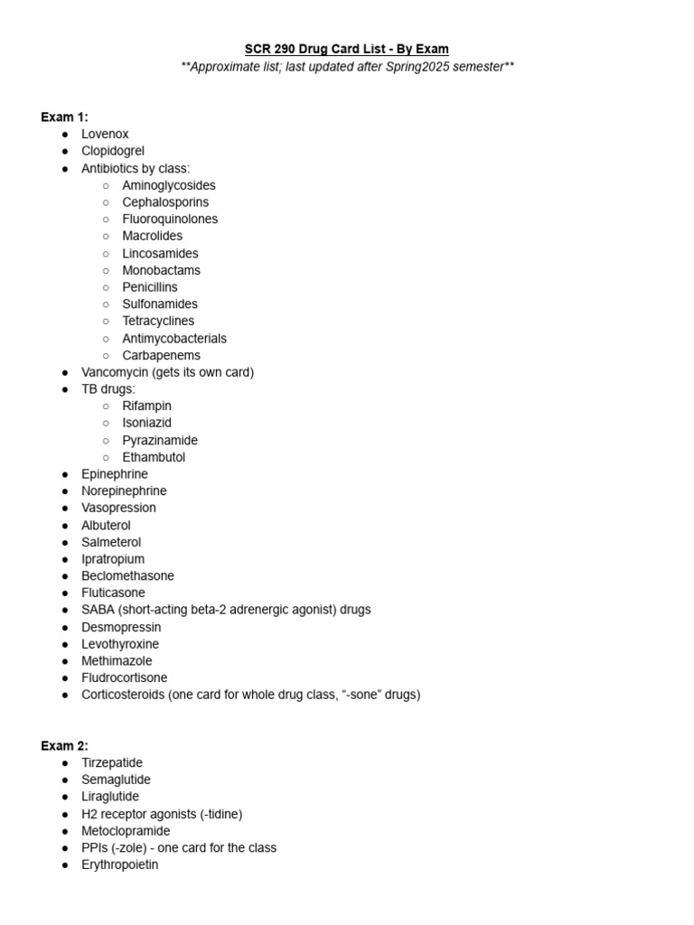 SCR 290 Drug Card List - By Exam | PDF | Chemotherapy | Drugs