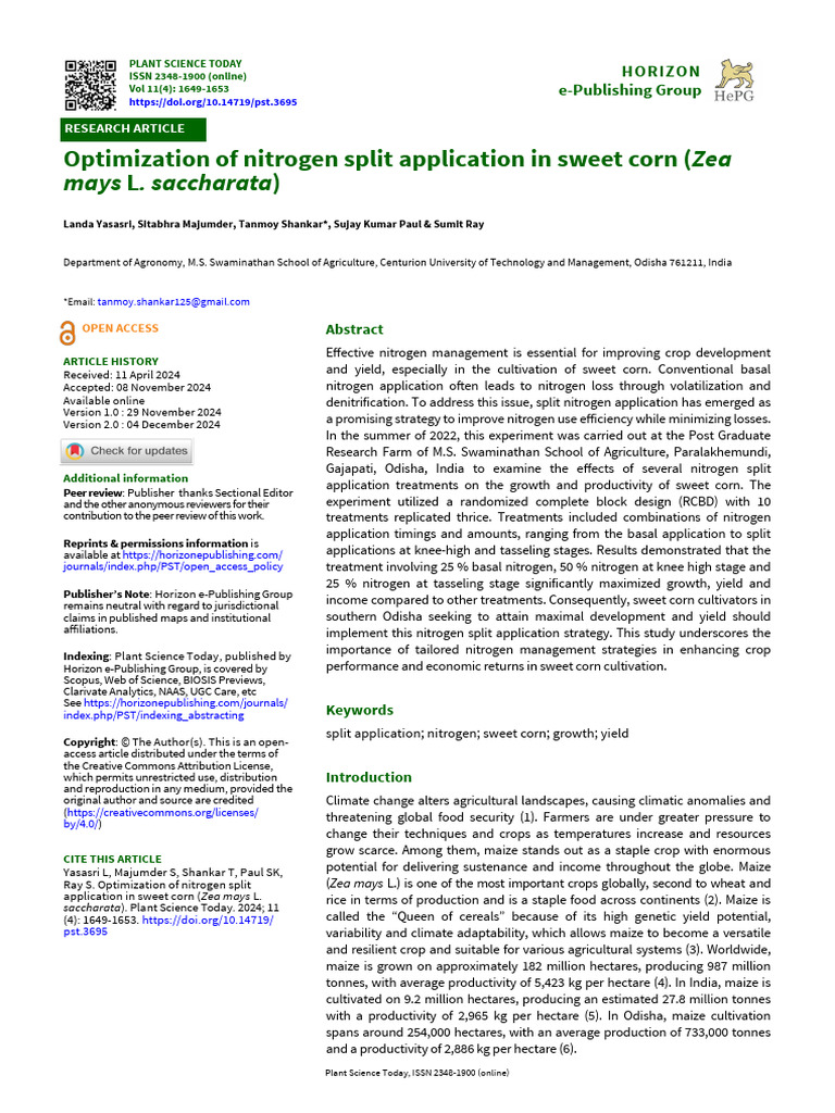 Nitrogen Split Application in Sweet Corn | PDF | Maize | Fertilizer