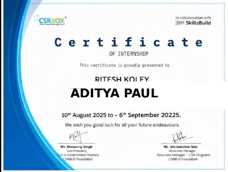 Internship Certificate Aditya Paul | PDF