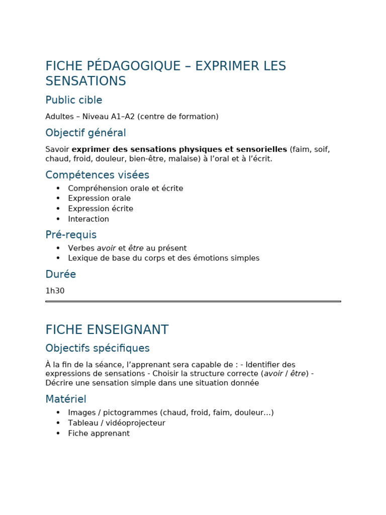 Exprimer les sensations en français A1-A2 | PDF | Pédagogie | Douleur