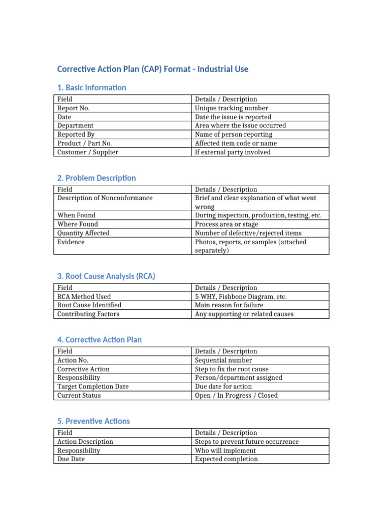 Industrial Corrective Action Plan Template | PDF