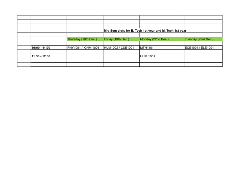 B. Tech & M. Tech Mid Sem Schedule | PDF