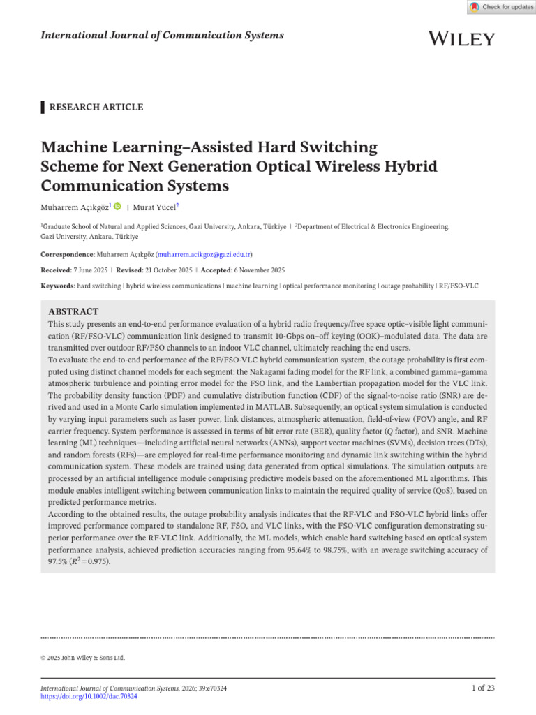 Machine Learning for Hybrid Optical Wireless | PDF | Machine Learning ...