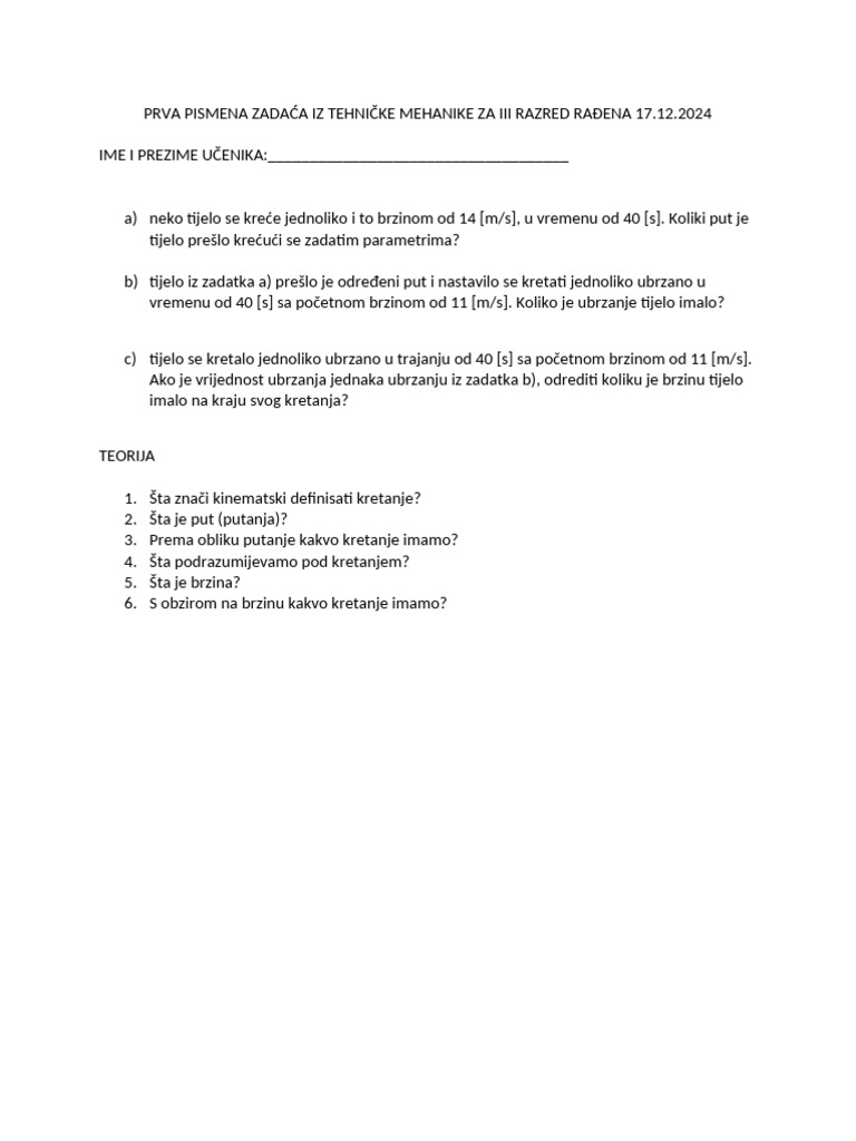 Prva Pismena Zadaća | PDF