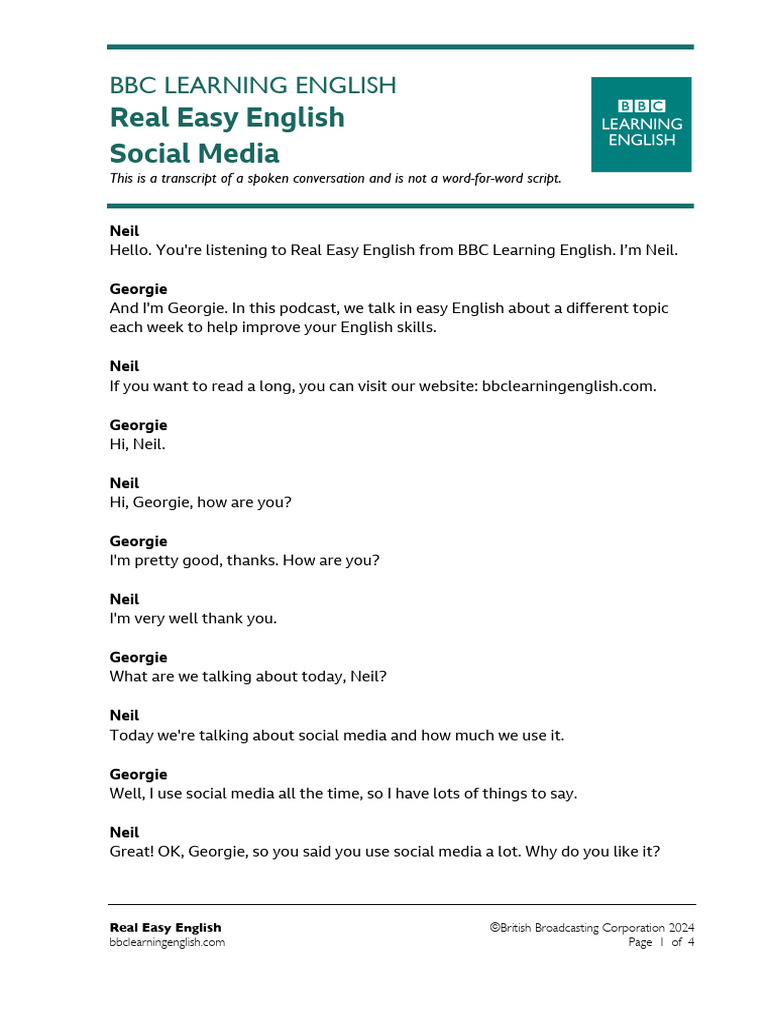 RealEasyEnglish Transcript Ep8 Socialmedia | PDF