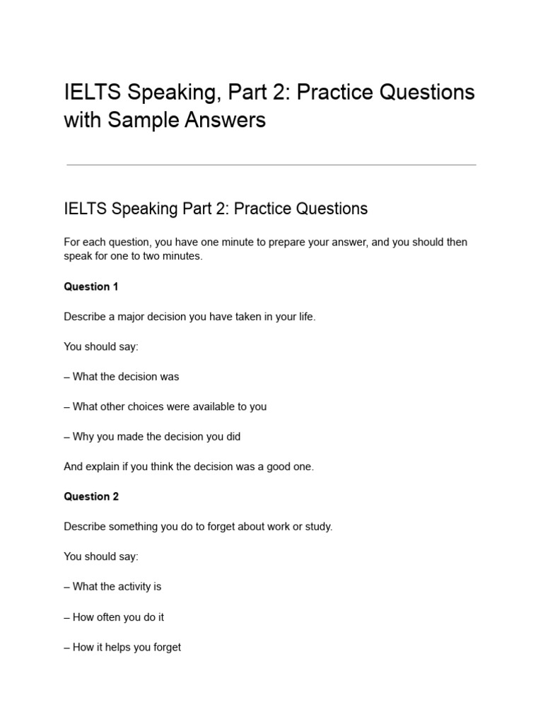 IELTS Speaking Part 2: Practice Questions | PDF | English Language ...