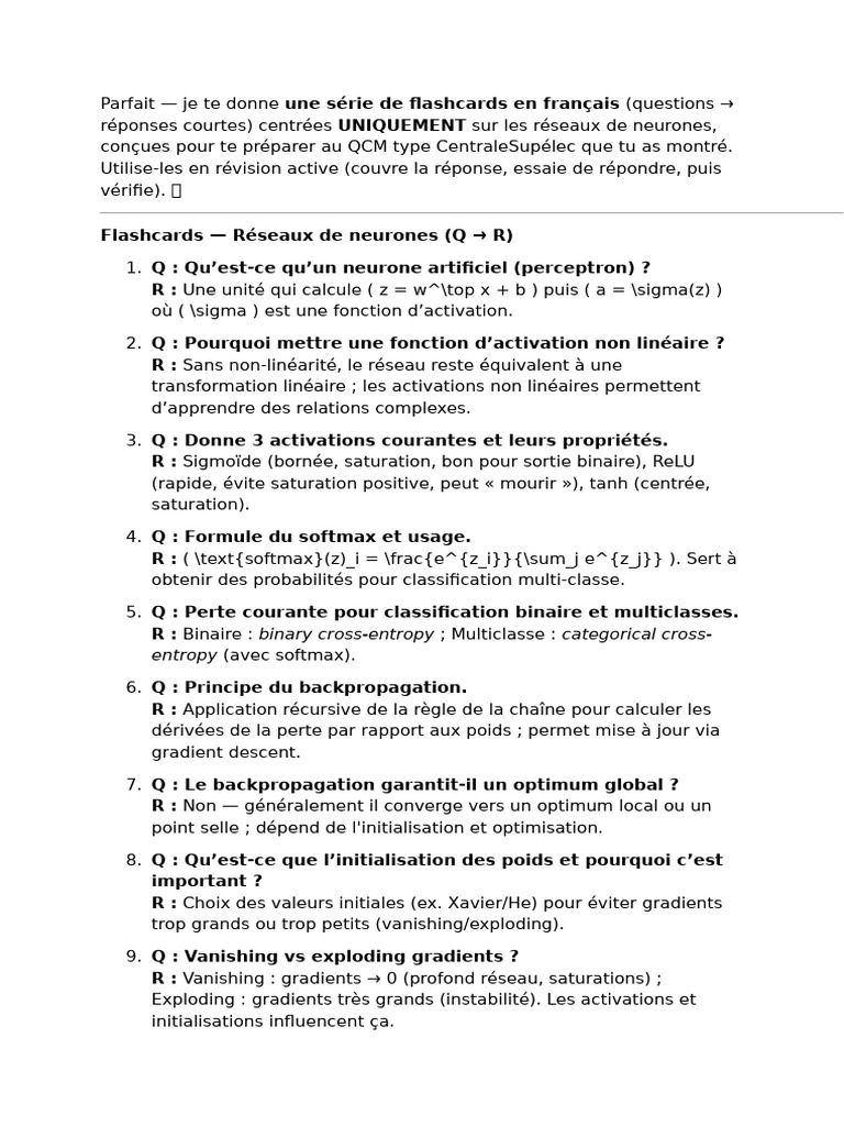 Flashcards sur les Réseaux de Neurones | PDF | Mathématiques appliqués ...