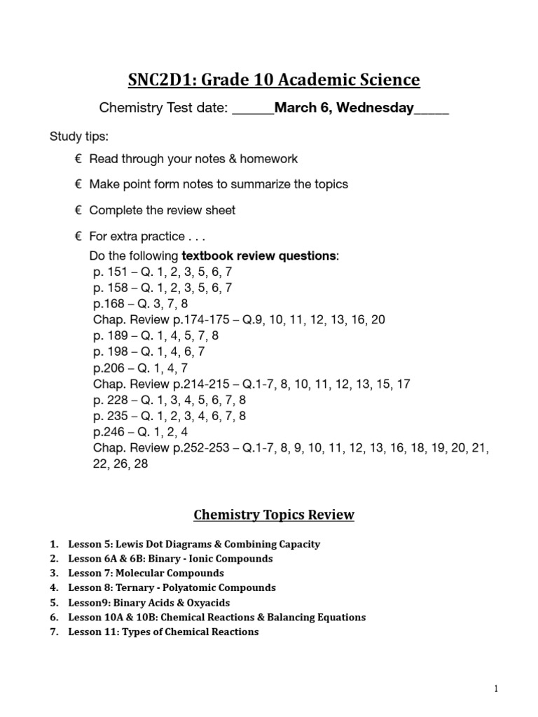 Grade 10 Chemistry Test Study Guide | PDF | Oxide | Chemical Reactions