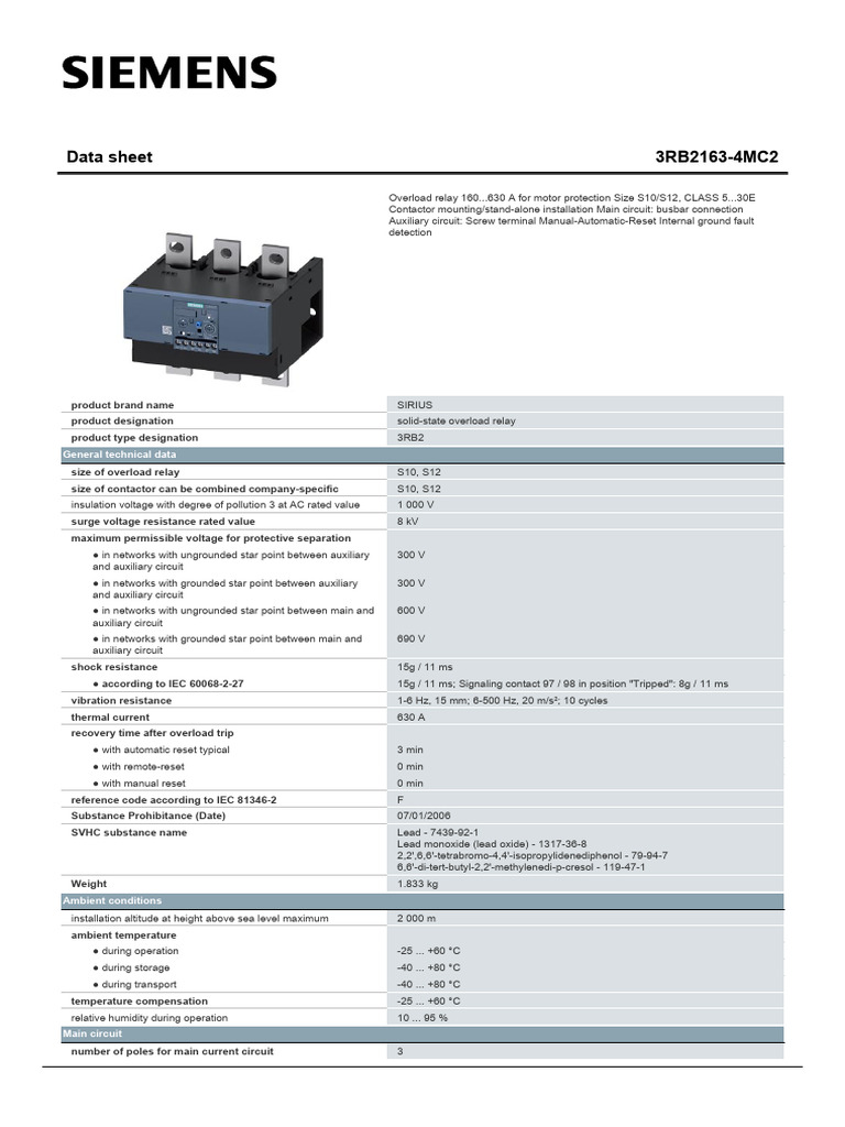 Siemens 3RB2163-4MC2 Overload Relay Data Sheet | PDF | Relay ...