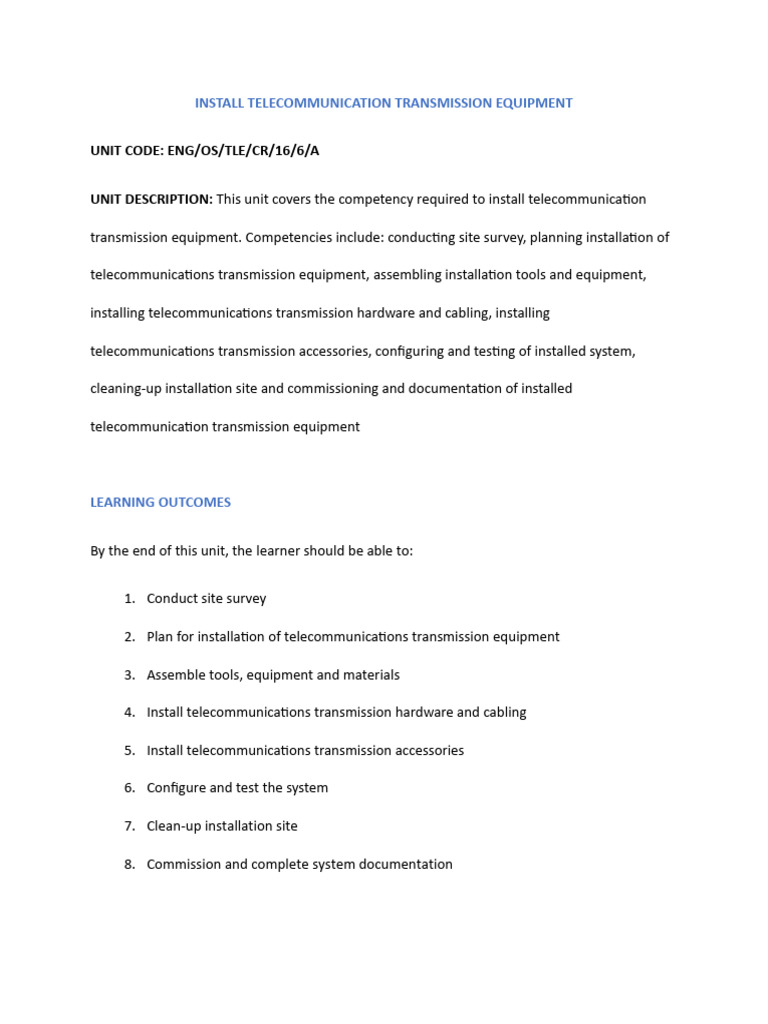 Install Telecommunication Equipment Guide | PDF | Fiber Optic ...