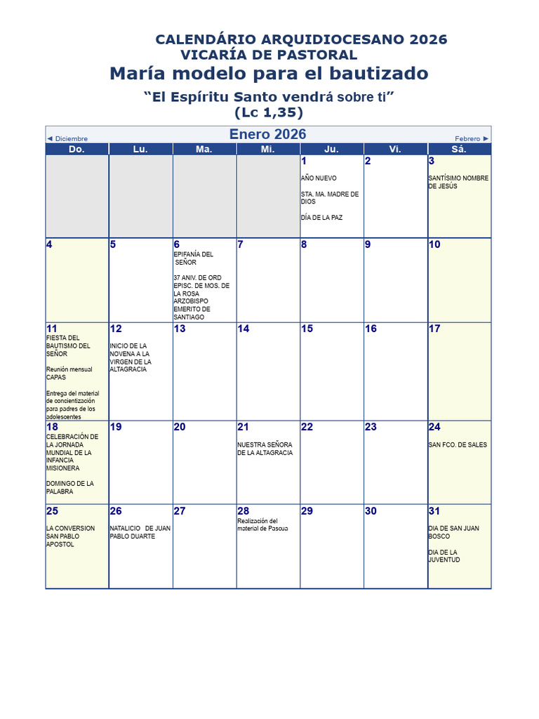 Calendario Arquidiocesano 2026 | PDF | Pascua de Resurrección | Navidad