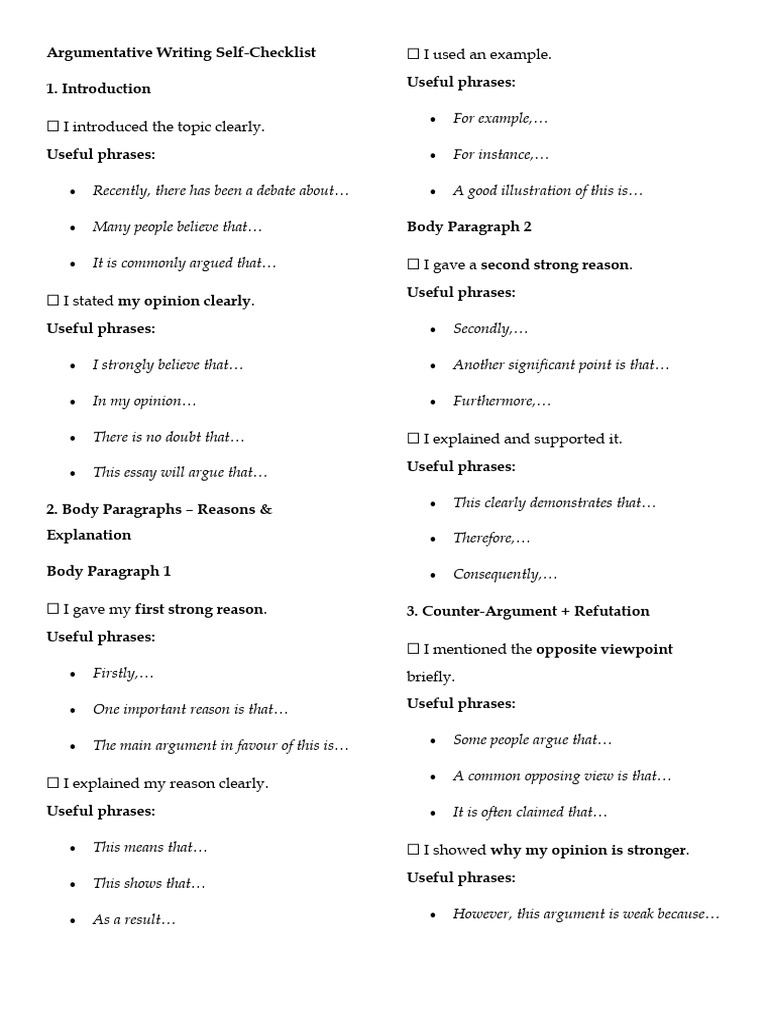 Argumentative Writing Checklist | PDF | Argument | Reason
