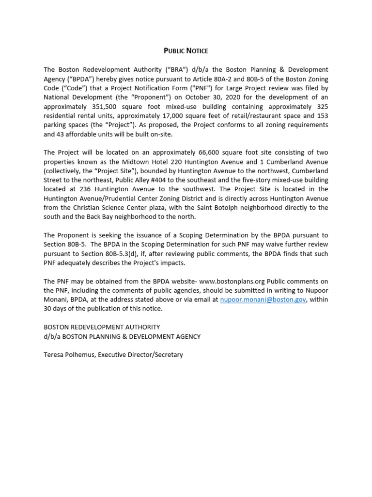 2020-10-30_Project Notification Form (PNF)_220 Huntington Avenue | PDF ...