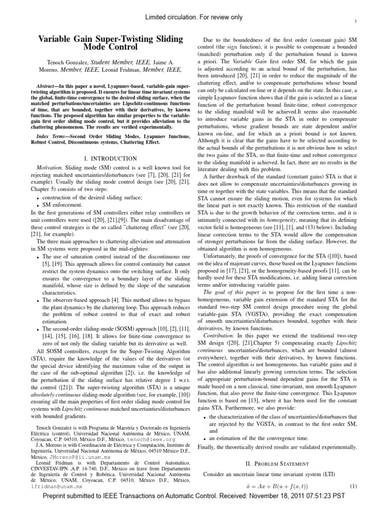 Variable Gain Super-Twisting Sliding Mode Control | PDF | Derivative ...