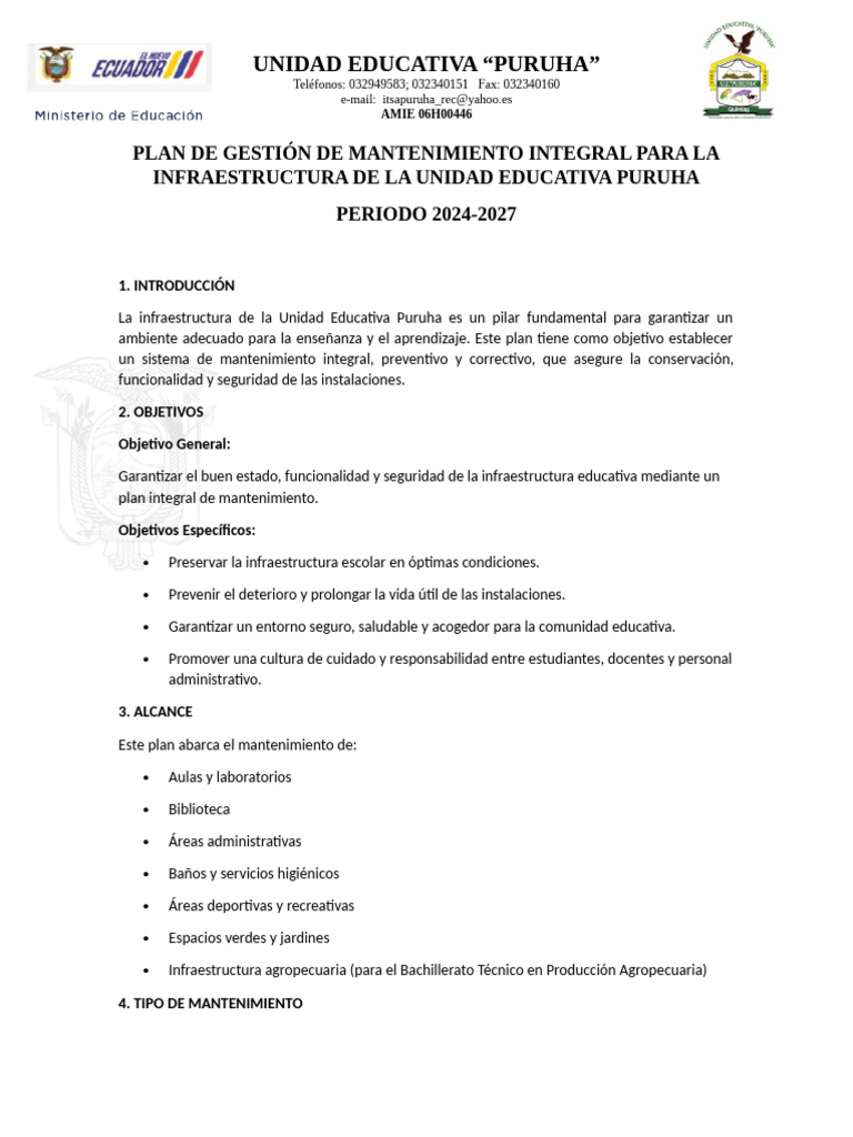 Plan de Mantenimiento Integral 2024-2027 | PDF